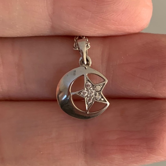 Silver Crescent Moon Star Necklace - Picture 3 of 5